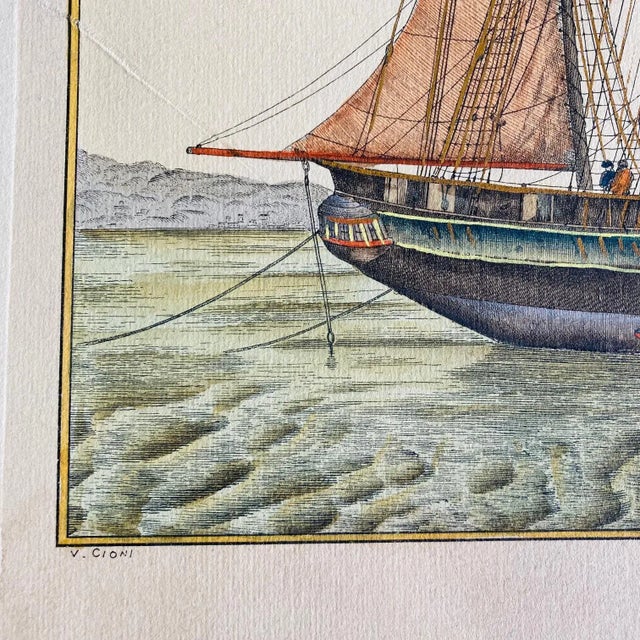 19th Century Hand Colored Ship Engraving by V Cioni For Sale In Los Angeles - Image 6 of 11