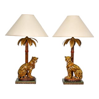 1970's Regency Ceramic Cheetah Palm Tole Lamp For Sale