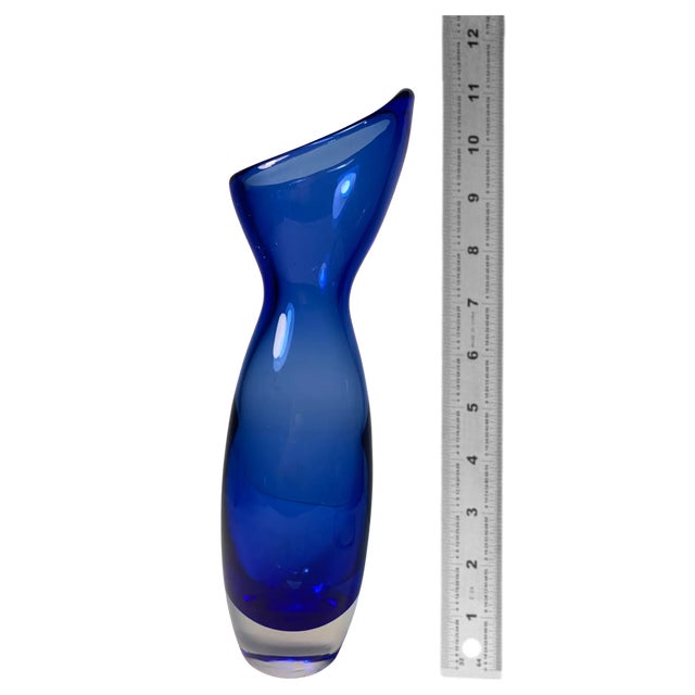Scandinavian Sommerso Cobalt Art Glass Asymmetrical Vase For Sale - Image 18 of 18