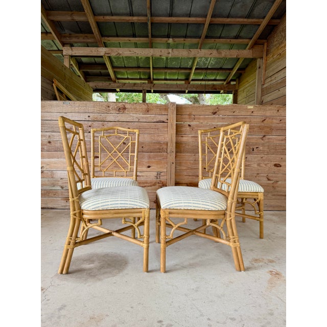 Chinese Set of Four Vintage Lexington Chinese Chippendale Rattan & Faux Bamboo Dining Chairs For Sale - Image 3 of 12