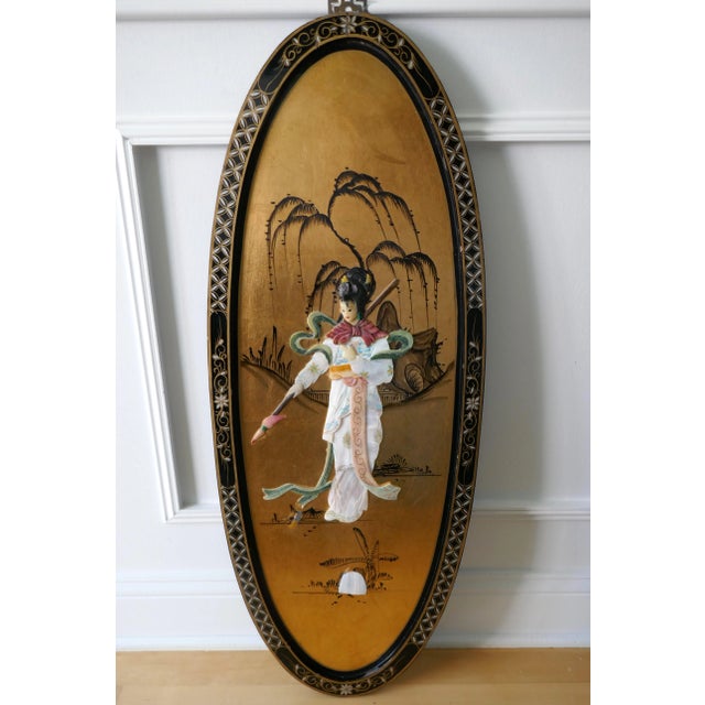 Vintage Black Lacquer Gold Gilt Asian Chinese Art Oval Panels Inlaid Mother Of Pearl Women Warriors Chinoiserie style-Set...