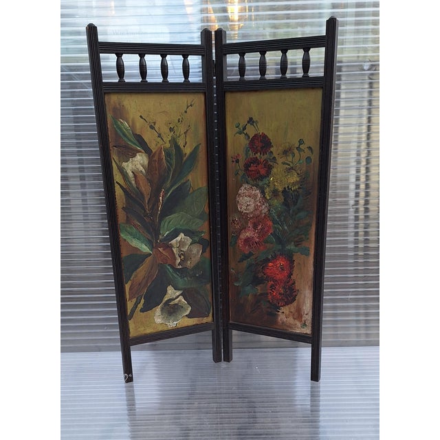 German Screen in Black Lacquered Beech Wood with Original Painting on the Inside, 1890s, in Good conditions. Designed 1890...