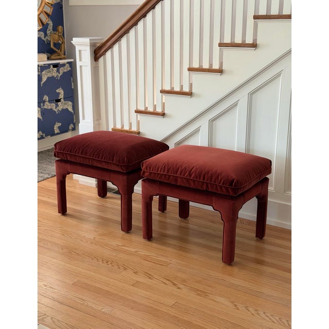 1970s Sculptural Arched Leg Rectangular Red Velvet Ottomans - A Pair For Sale - Image 10 of 12