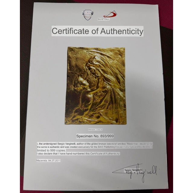 Late 20th Century Italian Framed Gold-Toned Relief Plaque of Madonna and Child by Sergio Verginelli. For Sale In Jacksonville, FL - Image 6 of 6