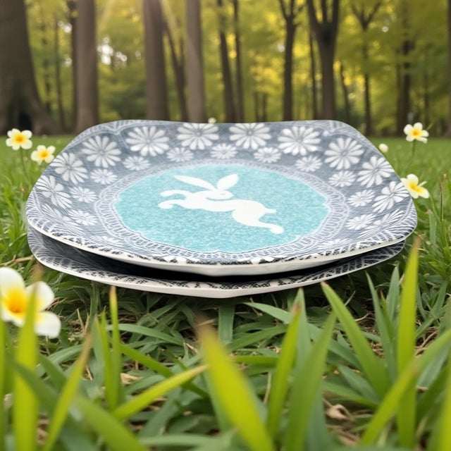 A vintage set of two Kotobuki square plates featuring a stylized rabbit silhouette within an aqua medallion, framed by a...