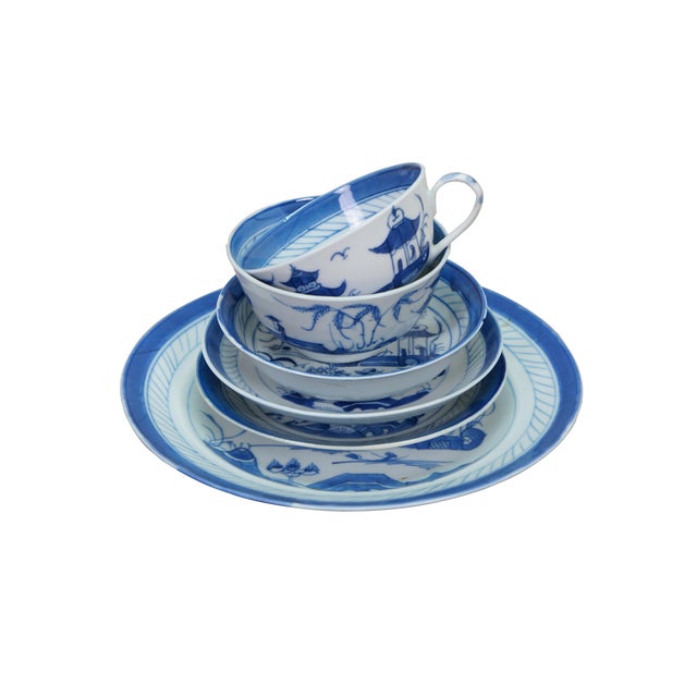 Chinoiserie 46 Pc Vintage Chinese Export Canton Blue & White Porcelain Pagoda Dinnerware Set For Sale - Image 3 of 15