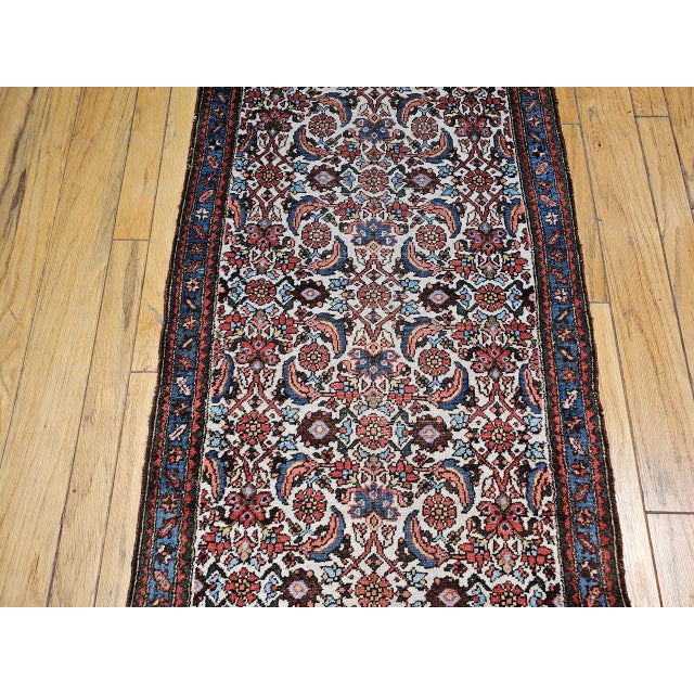 Beige Vintage Malayer Runner Rug, Hand-Knotted Wool, Geometric Pattern, 3x9, Ivory & Blue For Sale - Image 8 of 13