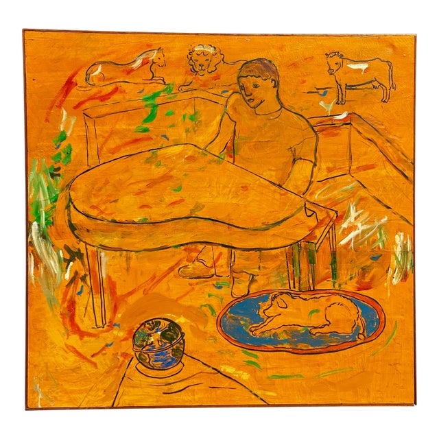 Vintage Orange Abstract Large Oil Painting on Canvas With Figure and Cow For Sale