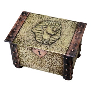 Handcrafted Brass and Copper Love Box with Pharaoh Design, 1920s For Sale