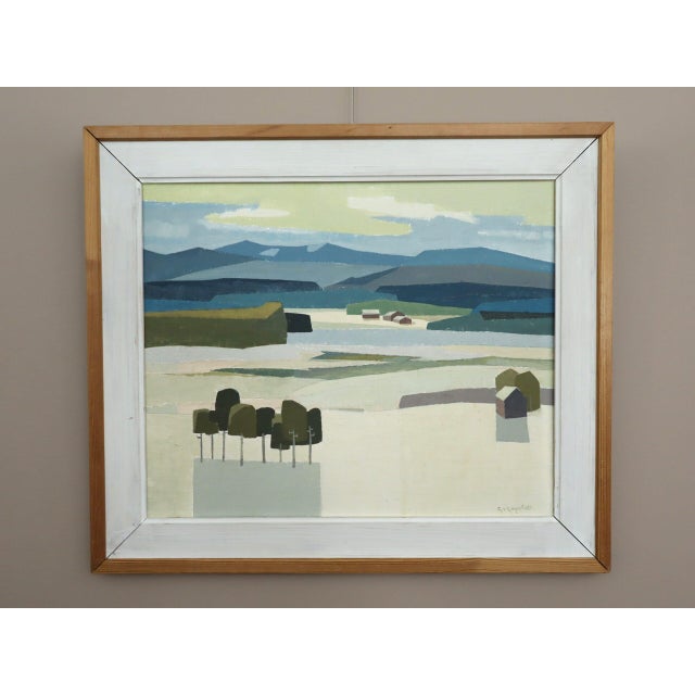LIGHT OVER THE VALLEY Size: 19.1 x 22.2 inches (including frame) Oil on board A serene mid-century modern semi-abstract...