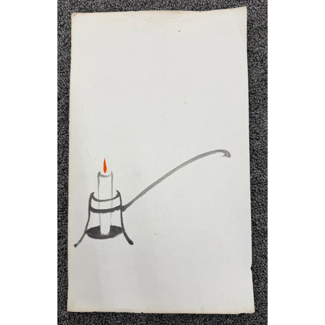 This minimalist ink sketch depicts a lit Japanese candle (warasoku) resting in a traditional hand-forged iron stand or...