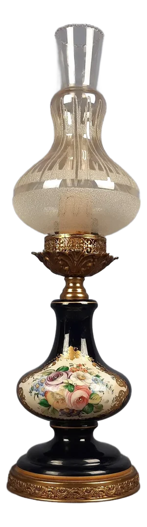 20th Century Blue Porcelain Table Lamp with Painted Flowers with Brass & Glass, France