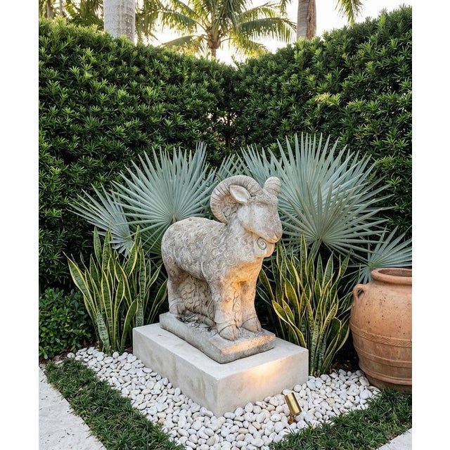 Stone Vintage Stylized Cast Stone Ram Garden Statue For Sale - Image 7 of 10