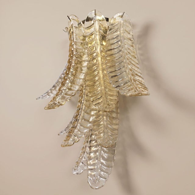 1980s Pair of Gold Leaves Murano Glass Sconces For Sale - Image 5 of 9