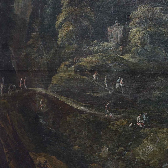 Large Animated Mountain Landscape with Architecture, 1800s, Oil on Canvas For Sale - Image 3 of 7