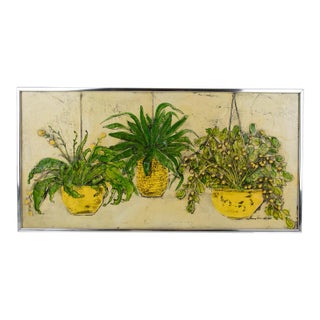 1975 Nancy Potter Contemporary Signed Textural Still Life Painting of Three Hanging Plants For Sale