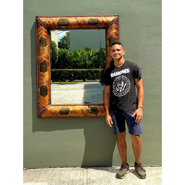 Wood Vintage Wrapped Rattan Brass Leaf Mirror For Sale - Image 7 of 12