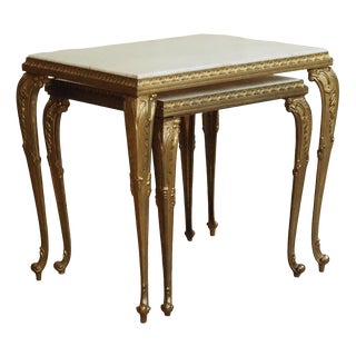 Louis XV Style Nesting Tables in Brass and Marble, 1950s, Set of 2 For Sale