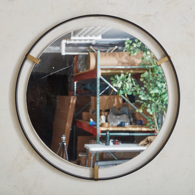 Round Black Metal + Brass Wall Mirror, 1980s For Sale - Image 4 of 11