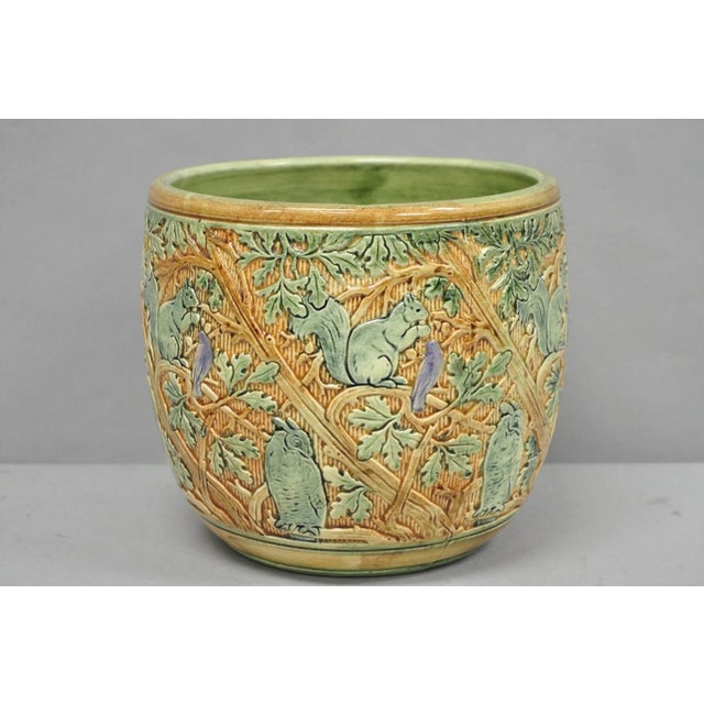 Arts & Crafts Early 20th Century Weller Clinton Art Pottery Green Glazed Squirrel & Acorn Planter Jardinière For Sale - Image 3 of 14
