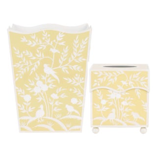 Yellow Bird & Vine Tole Waste Basket & Tissue Box Set For Sale