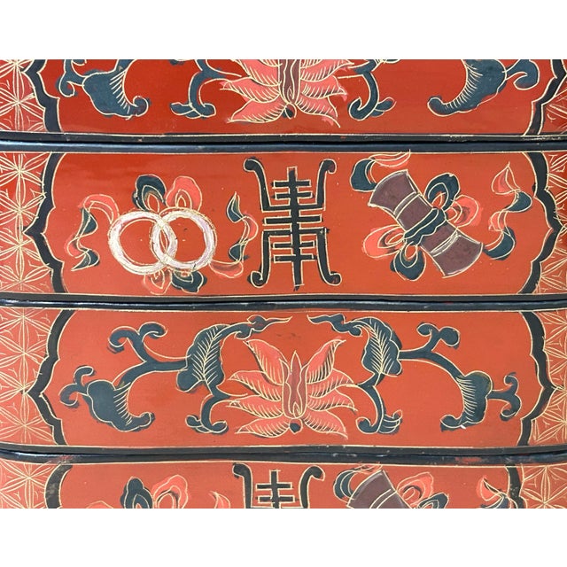 Chinese Brick Red Lacquer Color Treasure Graphic Stack Box Basket For Sale - Image 11 of 12