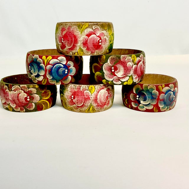Rustic 1970s Vintage Folk Art Southwestern Floral Hand Painted Wooden Napkin Rings - Set of 6. For Sale - Image 3 of 8