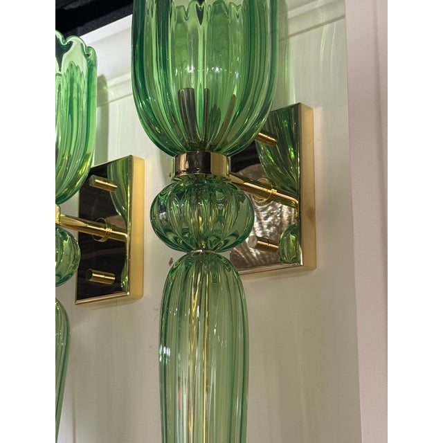 Pair of Murano Apple Green Torch Sconces For Sale - Image 4 of 6