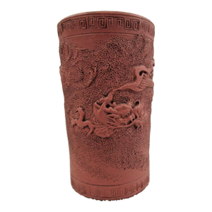1920s Chinese Red Clay Yixing Zisha Calligraphy Brush Pot With Flying Dragon in Clouds