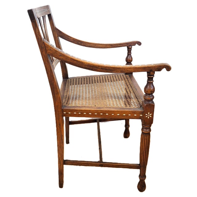 Brown Antique English Anglo - Indian Carved & Inlaid Caned Seat Desk Armchair For Sale - Image 8 of 18