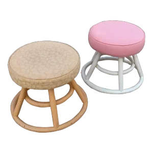 Mid-Century Round Rattan Upholstered Padded Footstool Ottomans - a Pair