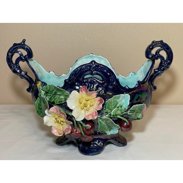 Late 19th Century Barbotine Majolica Flowers and Cherries Cobalt Blue Footed Basket Jardiniere For Sale - Image 12 of 12