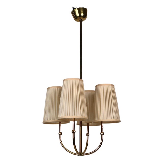 4-Arm Chandelier in Brass with Silk Shades, Austria, 1930s For Sale