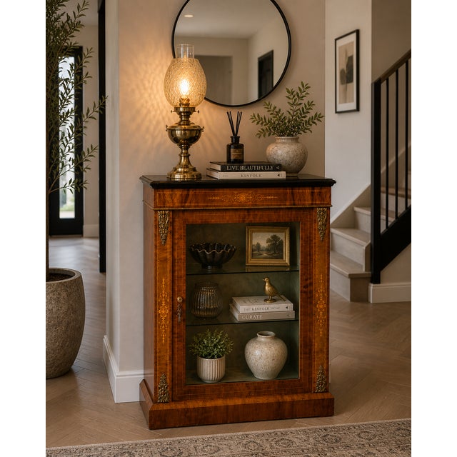 A very elegant antique Victorian pier cabinet in finely figured walnut, decorated with delicate satinwood inlay and...