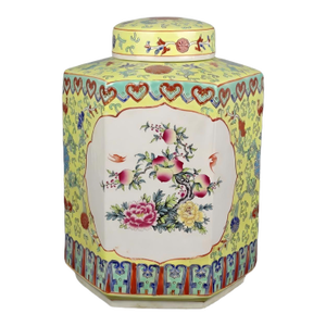 Chinese Vintage Ceramic Pot,Qing Dynasty Kangxi Marked Yellow Ground Famille Rose Porcelain Tea Jar Hand Painted Flowers and Birds Pattern