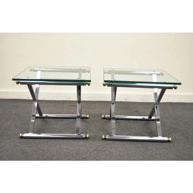 Mid Century Modern Hollywood Regency Chrome Brass Glass X Form Side Table - Pair For Sale - Image 10 of 12