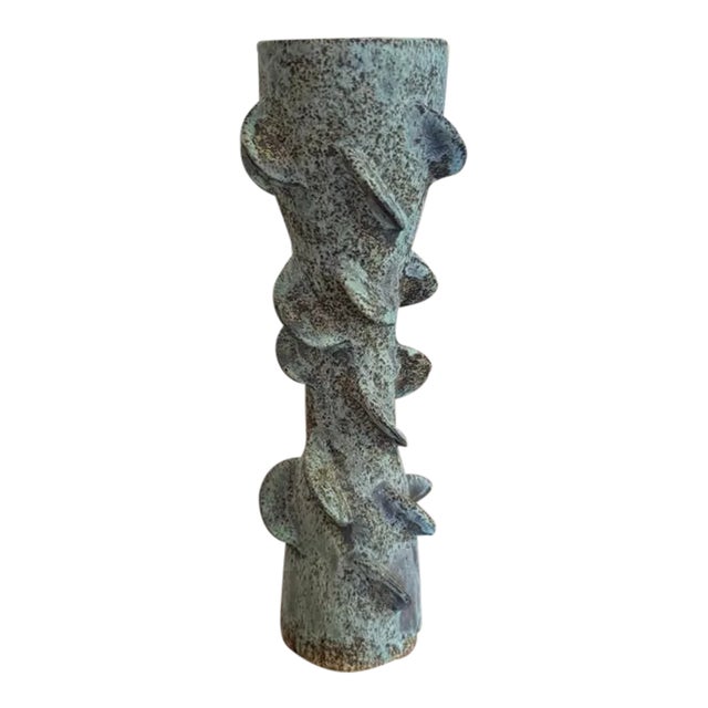 Vintage Rustic Turquoise Ceramic Vase For Sale