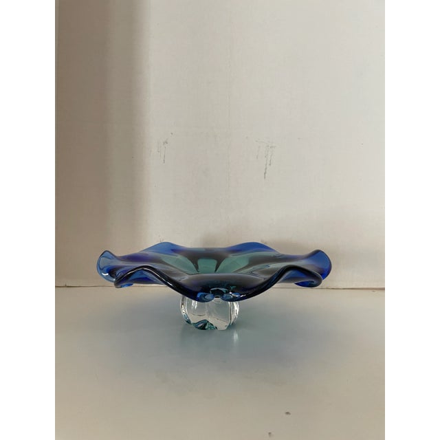 Blue Vintage 1980s Art Glass Pedestal Centerpiece Dish For Sale - Image 8 of 8