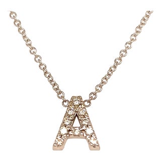 Diamond Letter "A" Pendant Necklace 18" 14k Gold 0.12 TCW Certified For Sale