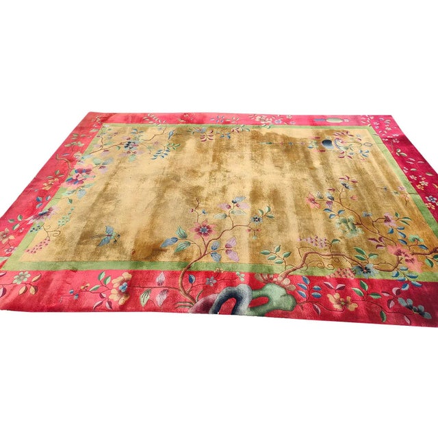 Art Deco 1920s Yellow Gold Floral Antique Chinese Art Deco Carpet 9' X 11'8" Knotted Wool Rug For Sale - Image 3 of 11
