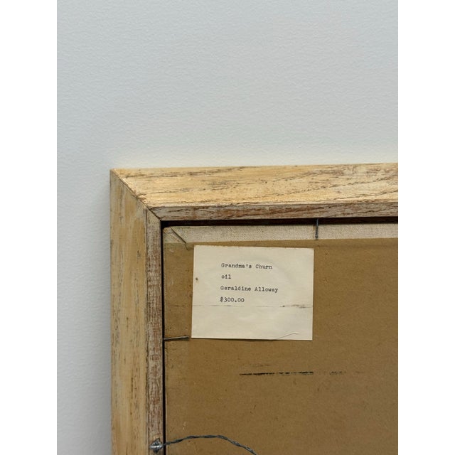 Green Vintage Oil Painting by Geraldine Alloway, "Grandma's Churn" For Sale - Image 8 of 10