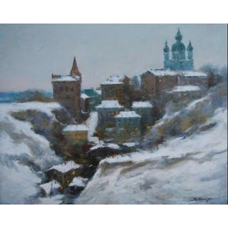 Winter Cityscape Oil Painting, Antique Ukrainian Art 40-50 For Sale