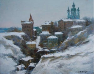 Winter Cityscape Oil Painting, Antique Ukrainian Art 40-50