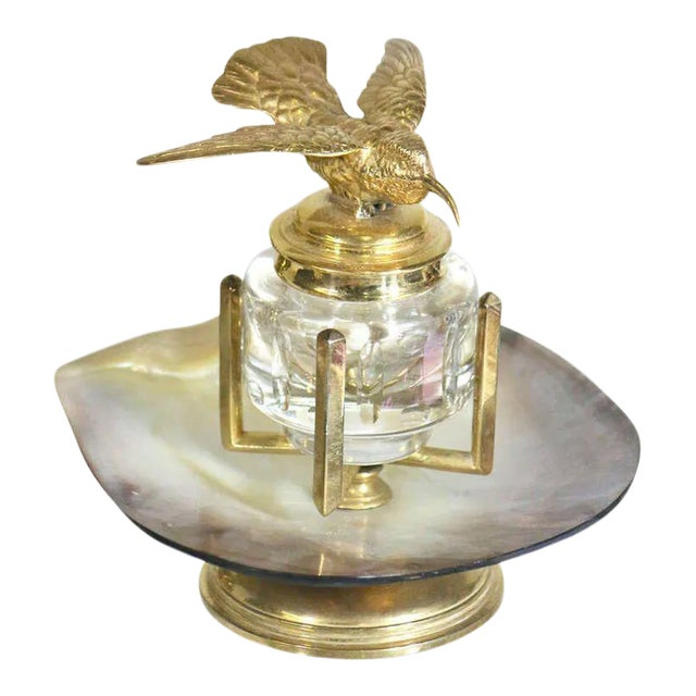 19th Century Inkwell-Harkness Library Gold Hummingbird on Crystal Inkwell SeaShell Mount and Gold Pl For Sale