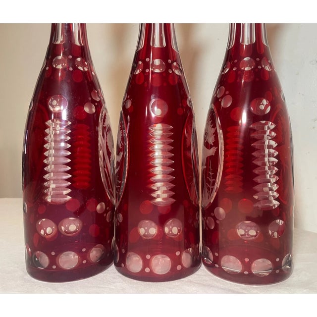 1920s Set 3 Antique Cut to Clear Czech Bohemian Crystal Glass Liquor Decanter Bottle For Sale - Image 4 of 15
