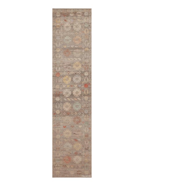 Tribal Geometric Grey Background Rustic Pattern Modern Hallway Runner Abrash Rug For Sale
