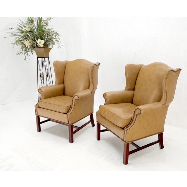 Baker Furniture Company Pair of Tall Tan Leather Wing Chairs on Solid Mahogany Stretcher Base Mint! For Sale - Image 4 of 17