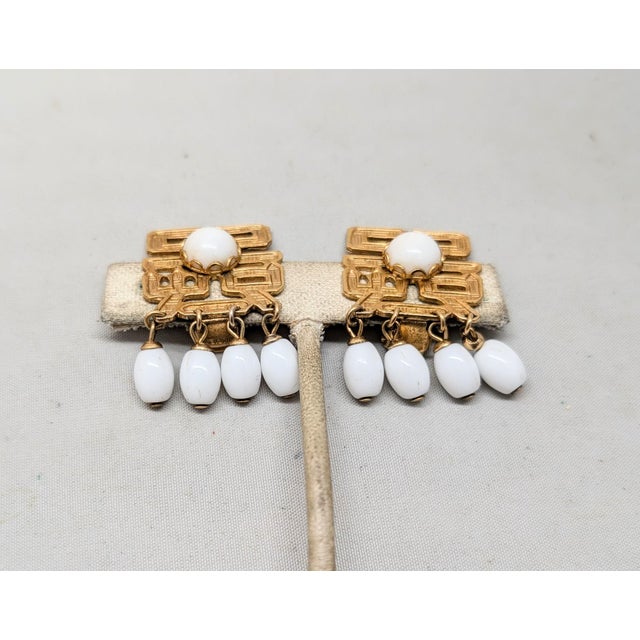 Vintage 1960s Signed Napier Asian Inspired White Drops Clip Earrings For Sale In Philadelphia - Image 6 of 9