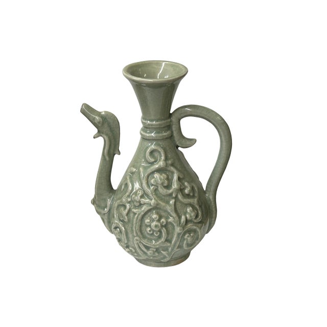 Chinese Vintage Chinese Celadon Green Ceramic Flask Shape Motif Vase Jar Display For Sale - Image 3 of 8