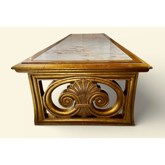 Hollywood Regency Vintage 1960s Gold Gilt Wood and Calacatta Marble Neoclassical Sled Coffee Table With Carved Fleur-De-Lis Design For Sale - Image 3 of 14
